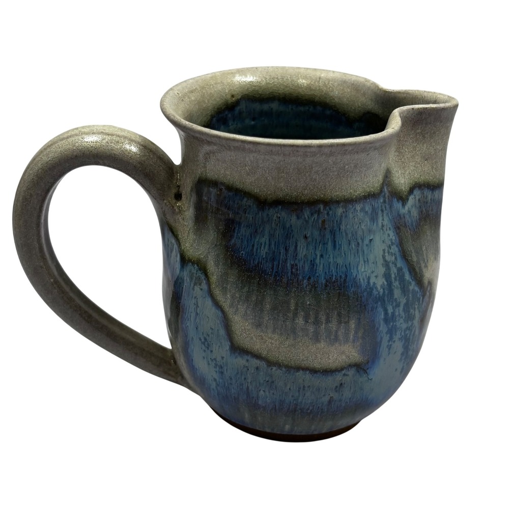 Vintage 1987 Signed Studio Pottery Creamer Pitcher Blue Grey Drip Glaze Ceramic‎